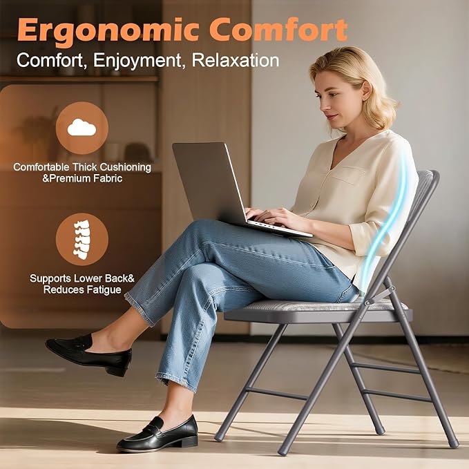 Commercial Grade Folding Chair with Padded Fabric Cushion（16"X16" |Double-hinged Legs Luxury Style|4.5kg Capacity Max Weight 150Kg for Home and Office,Indoor and Outdoor Events (2, Fabric-Beige)