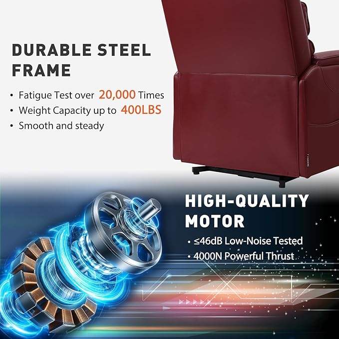 EONIX Wide Lay Flat Power Lift Recliner Chair for Elderly, Heavy Duty Oversized Breathable Faux Leather Lift Chairs Recliner Sofa with Heat and Massage and Charging Ports, Burgundy