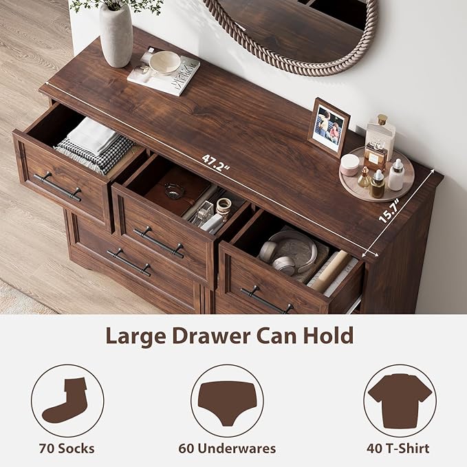 Walnut Farmhouse Dresser for Bedroom, Modern 7 Chest of Drawers, 47" Wide Chest of Drawers with Metal Handle, Wood Dresser TV Stand and Storage Cabinet for Bedroom, Living Room