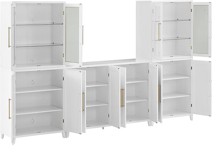 Crosley Furniture Roarke 3-Piece Modern Glass Door Sideboard Buffet Cabinet and Kitchen Storage Pantry Set, White