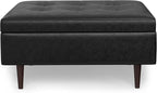 SIMPLIHOME Shay 38 inch Wide Mid Century Modern Large Square Coffee Table Storage Ottoman in Distressed Black Vegan Faux Leather, Assembled, for The Living Room and Entryway