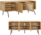 NTC Mossic TV Media Cabinet with 3 Doors for TVs, Entertainment Center with Natural Rattan, Metal Legs, Modern Storage Console for Living Room and Bedroom, Effortless Assembly, Sand