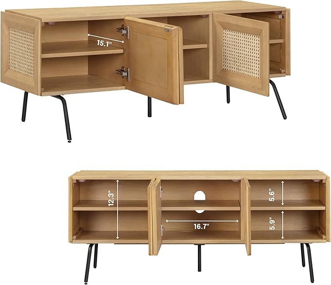 NTC Mossic TV Media Cabinet with 3 Doors for TVs, Entertainment Center with Natural Rattan, Metal Legs, Modern Storage Console for Living Room and Bedroom, Effortless Assembly, Sand