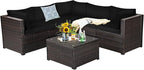 Tangkula 6 Pieces Patio Furniture Set, Outdoor Rattan Sofa Set, Wicker Conversation Set w/Tempered Glass Coffee Table & Cushions, Sectional Sofa Set for Backyard, Garden, Balcony, Poolside (Black)