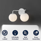 JONATHAN Y JYL3535D Louis Parisian Globe 15" 2-Light Metal/Frosted Glass Modern Contemporary LED Vanity Light Midcentury, Glam, Transitional, Bathroom, Powder Room, Dressing Room, Bedroom, White