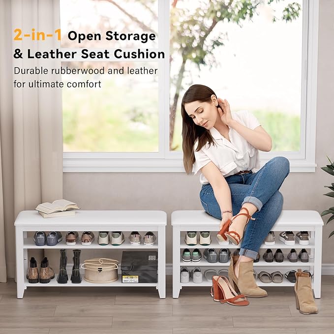 Shoe Bench Storage Rubberwood with Leather Cushion for Entryway Bench Ideal for Hallways Shoe Rack Front Doors Entrances Mudrooms Featuring 3 Height-Adjustable and Removable Shelves