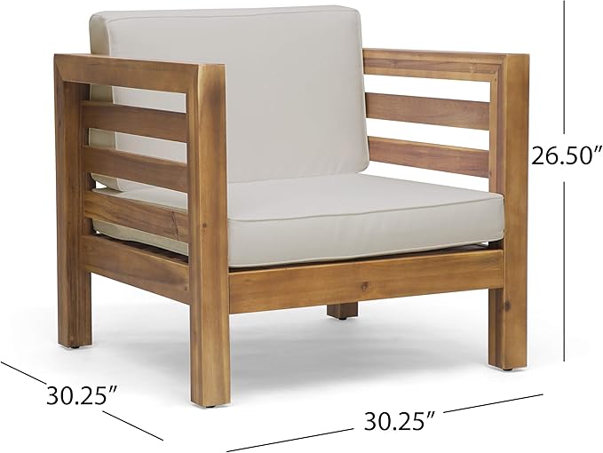 Great Deal Furniture Louise Outdoor Acacia Wood Club Chair with Cushion, Teak Finish and Beige