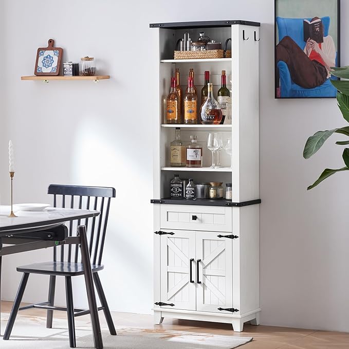 72in Tall Bookshelf 7 Tier Bookcase with Drawer and Barn Doors and Adjustable Shelves, White Farmhouse Book Shelf with Storage Cabinet, Wood Freestanding Display Bookshelves for Kitchen (3PCS)