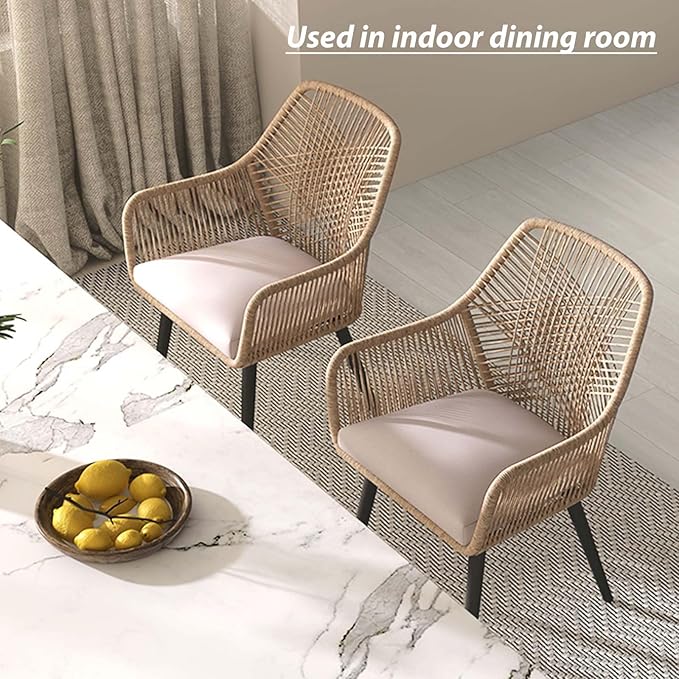 JOIVI Outdoor Dining Chairs Set of 4, 4 Pieces Woven Rope Patio Chairs with Armrest and Seat Cushions for Outside Porch, Balcony or Indoor Kitchen, Restaurant, Tan