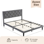 Queen Size Platform Bed Frame with Velvet Upholstered Headboard and Sturdy Wooden Slats Support,Mattress Foundation，Easy Assembly, No Box Spring Needed,Slip Resistant (Grey, Queen)