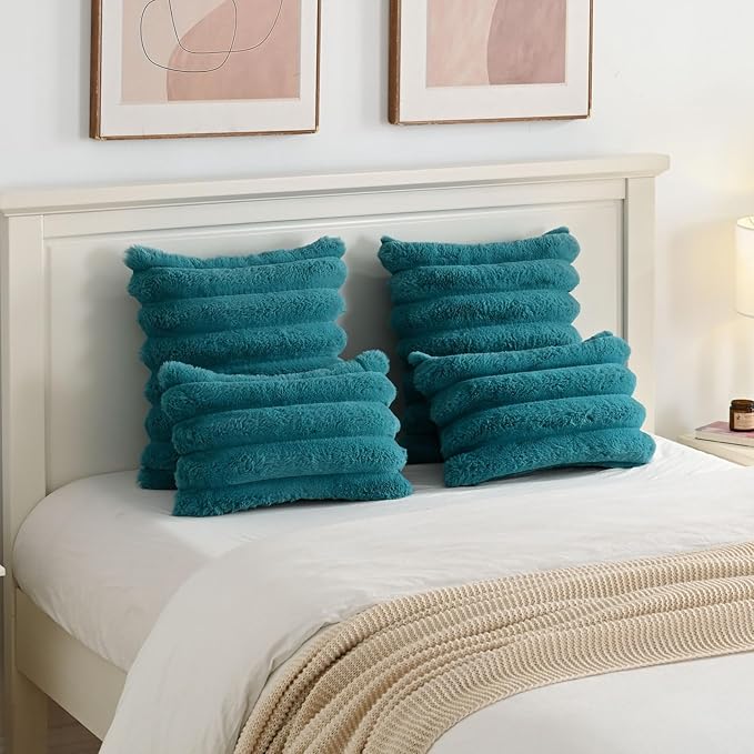 FUTEI Teal Decorative Throw Pillow Covers 26x26 Inch Set of 2, Square Soft Faux Rabbit Fur Thick Striped Euro Pillow Shams,Winter Home Decor for Couch Bed Living Room