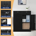 Metal Storage Cabinet with 2 Drawers and Shelves,36"H Locking Kitchen Storage Cabinets,Adjustable Shelf File Cabinet with Doors for Home Office, Garage,Laundry Room,Basement,Utility Room-Black