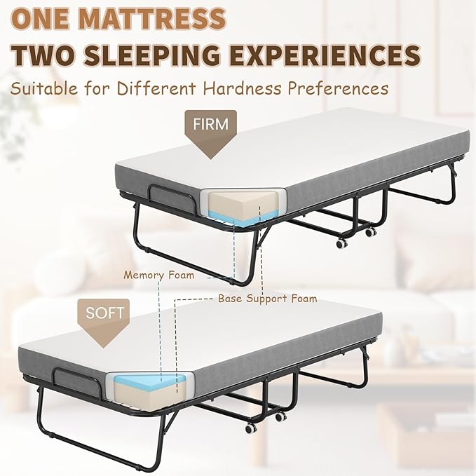 75" x 38" Folding Beds with Mattress for Adults, Portable Foldable Twin Bed with Memory Foam Mattress & Super Strong Frame, Convenient Roll Away Guest Bed for Storage