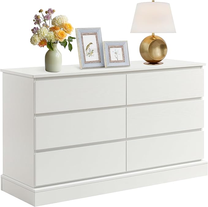 White Bedroom Dresser Modern 6 Drawers Dressers Wood Organizer Wide Dresser & Chest of Drawers Storage for Living Room, Entryway, Hallway