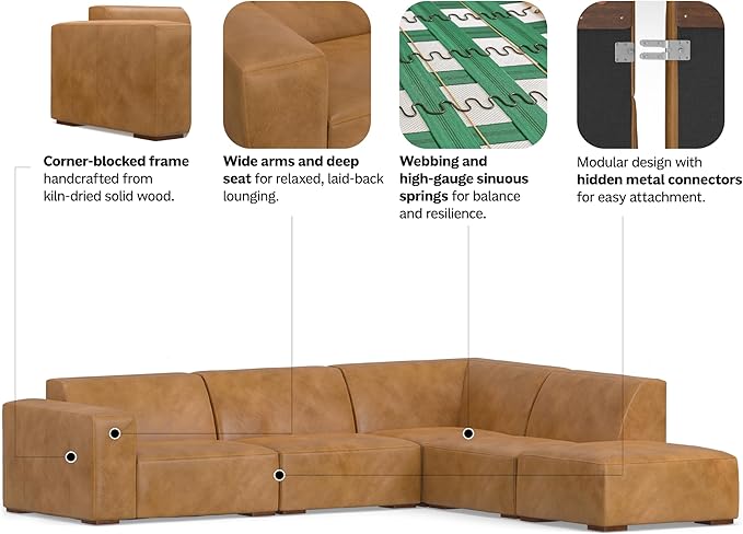 SIMPLIHOME Rex Right Corner Sectional Modular Sofa and Ottoman Set in Full-Grain Genuine Leather, Sienna, 116-inch-wide L-Shaped Leather Sofa and Matching 34-inch-Wide Table Ottoman for Living Room