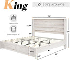 AMERLIFE Farmhouse King Size Bed Frame with 49" Fluted Headboard, Wood Platform Bed with Natural Wood Grain, No Box Spring Needed/Noise Free, Distressed White