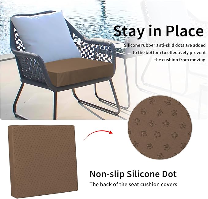 Easy-Going Waterproof Patio Cushion Covers ONLY Cover 22x22x4 inch 2 Pack Replacement Non-Slip Outdoor Seat Cushion Slipcover with Zipper. Brown
