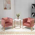 Velvet Modern Accent Chair, Upholstered Barrel Armchair Mid Century with Pillow for Living Room, Comfy Single Vanity Chair with Metal Gold Legs for Bedroom, Pink
