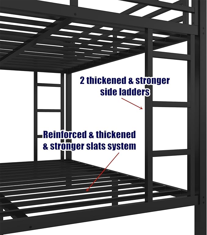 Higher Quality & Stronger Metal Queen Over Queen Bunk Bed, Thickened Heavy Duty More Stable Safer Black Steel Bunkbed (Easier to Assemble)
