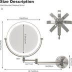 Hasipu 10-Inch Wall Mounted Makeup Mirror with Magnification, Rechargeable 3000 mAh Vanity Mirror with Lights, Bathroom Mirror with Dimmable Brightness, 3 Lighting Modes, Extendable Arm, Nickel