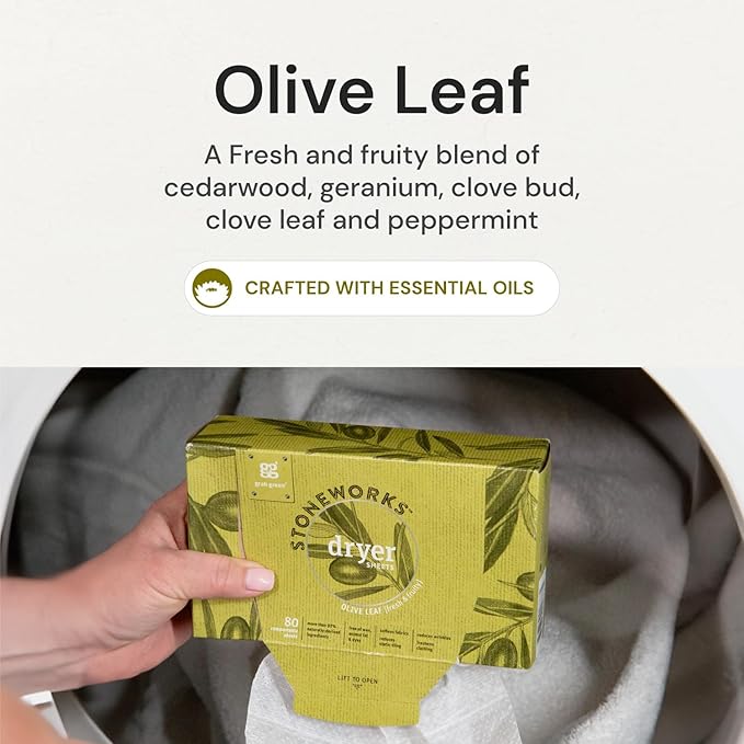 Grab Green Stoneworks Cruelty-Free Dryer Sheets | Softens Fabrics, Freshens Clothing & Reduces Static-Cling and Wrinkles | Plant Based | Olive Leaf Scent (80 Sheets)