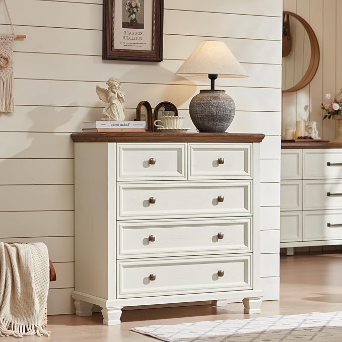Farmhouse Bedroom Dresser and Nightstand Set of 4, 6 Drawer Low & 5 Drawers Dresser & 2 Drawer Nightstand Set, Rustic Wood Bedroom Furniture Set for Livingroom, Hallway, White