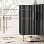 Set of 2 Fluted Black Storage Cabinets, Modern 3-Door Sideboard Buffet Cabinet with Adjustable Shelves and Metal Legs, Accent Cabinet for Kitchen, Living Room, Entryway (Black & Gold)