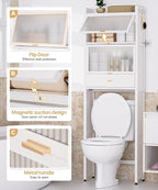 Over The Toilet Storage Shelf with Drawer, Above Bamboo Bathroom Organizer Cabinet with Anti-Tip and Waterproof Feet Pad Design, Freestanding Shelf for Bathroom (White)