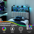 VINGLI Twin or Twin XL Size Headboard, Adjustable Upholstered Headboard with 2 Tier Shelves and Pegboard with Charging Stations and LED Lights, Modern Bed Headboard with Storage for Bedroom Decor