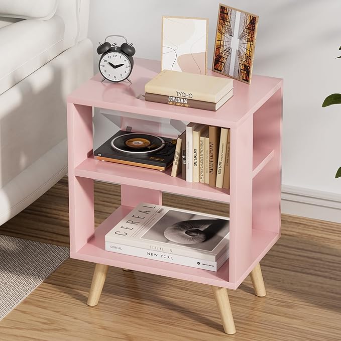 Night Stand, Pink Kids Nightstand, Modern End Table with Open Storage, 2-Tier Nursery Bedside Table for Small Space, Living Room, Bedroom