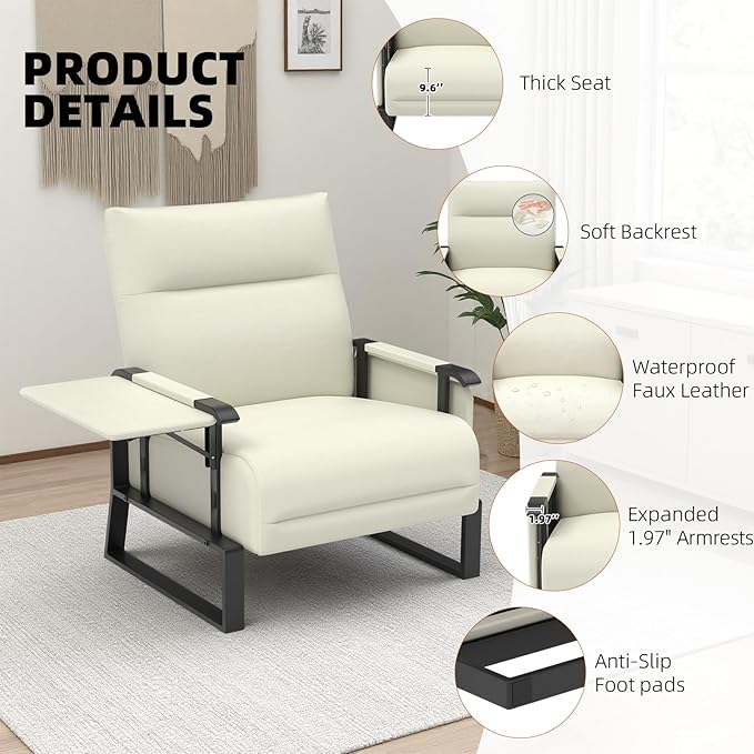 Upholstered Accent Chairs Set of 2, Modern Faux Leather Sofa Chairs with Foldable Side Tray Table & Storage Pocket, Small Accent Sofas for Living Room, Bedroom, Beige