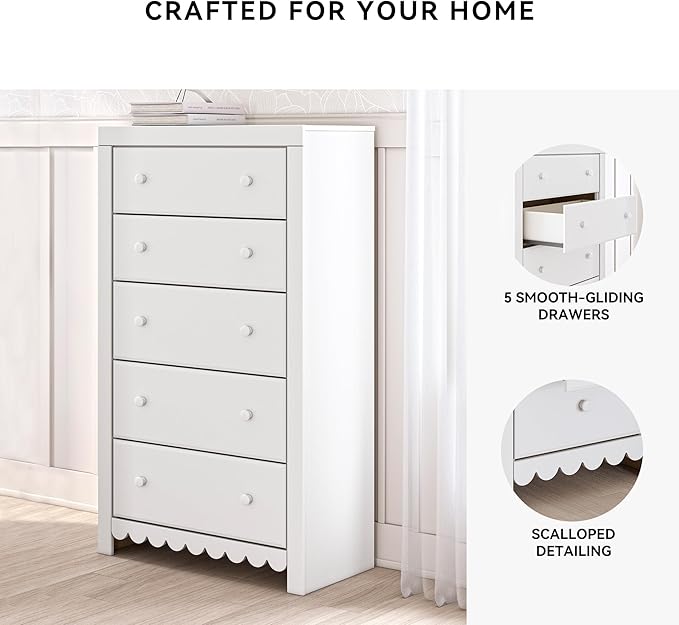 Signature Design by Ashley Mollviney Coastal 5-Drawer Chest of Drawers with Safety Stop and Scalloped Detailing, White