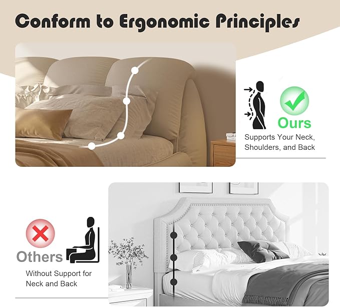 King Size Upholstered Platform Bed with Oversized Padded Backrest and Solid Wood Frame for Bedroom, Apartment Room, Beige