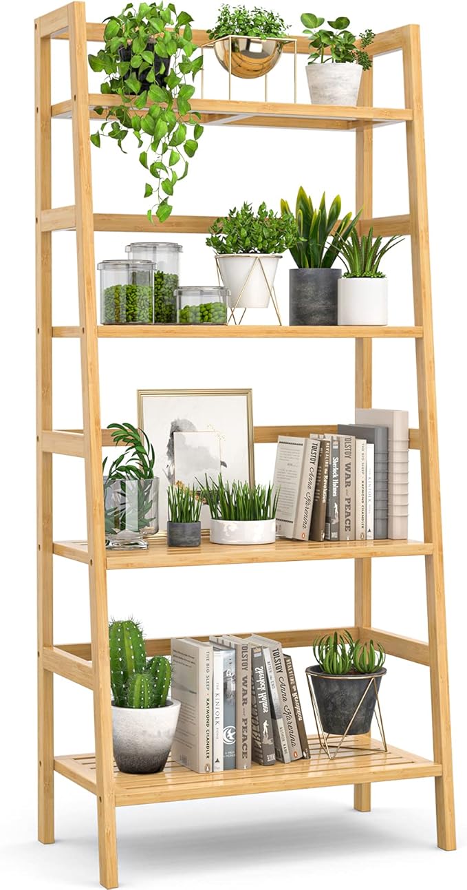 Homykic Bamboo Bookshelf 4-Tier Ladder Shelf, 49.2” Freestanding Open Bookcase Book Shelf Bathroom Storage Shelf Unit Plant Stand for Small Space, Bedroom, Living Room, Home Office, Natural