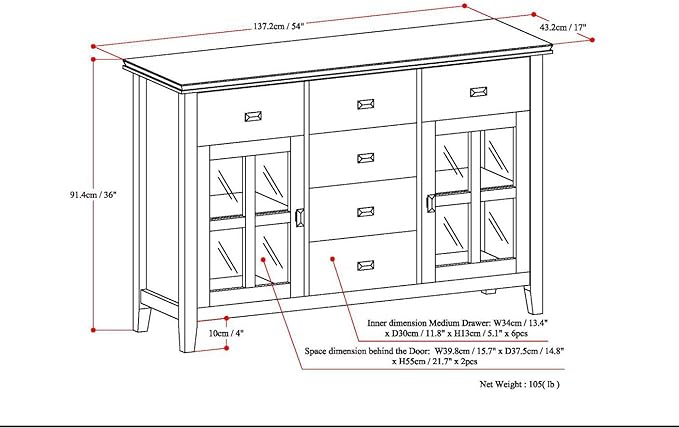 SIMPLIHOME Artisan Buffet - 54 inch Wide Solid Wood 3-Door Sideboard Buffet in Distressed Grey, Transitional Storage Cabinet for Dining Room or Kitchen with Adjustable Shelves and Bronze Hardware