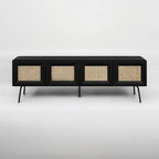 NTC Mossic TV Media Cabinet with 4 Doors for TVs, Entertainment Center with Natural Rattan, Metal Legs, Modern Storage Console for Living Room and Bedroom, Effortless Assembly, Burnt Black