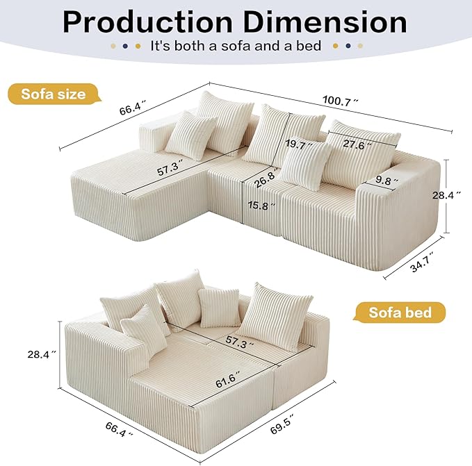 100.7 Inch Cloud Sectional Couch, Boneless Sofa for Living Room, Corduroy Modular Couch with L Shape Chaise, Modern Compressed Sofa in a Box, Memory Foam Filling (Beige)
