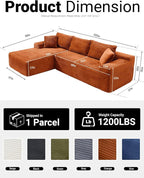 108" Cloud Sectional Couch,Modern Modular Sectional Sofa with Deep Seat,Corduroy Boneless Couches with L-Shape Chaise for Living Room,No Assembly Required (Orange, Left Facing Chaise)