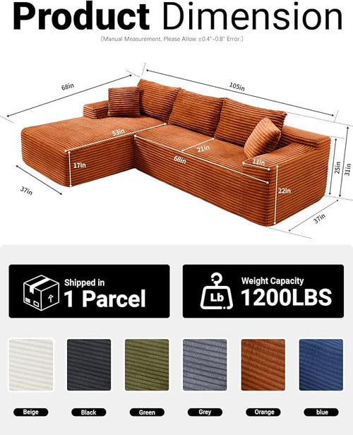 108" Cloud Sectional Couch,Modern Modular Sectional Sofa with Deep Seat,Corduroy Boneless Couches with L-Shape Chaise for Living Room,No Assembly Required (Orange, Left Facing Chaise)