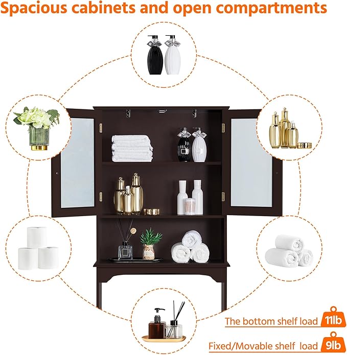 Yaheetech Over The Toilet Storage Cabinet, Free Standing Toilet Rack with Adjustable Shelves and Tempered Glass Doors for Bathroom Washroom, Espresso