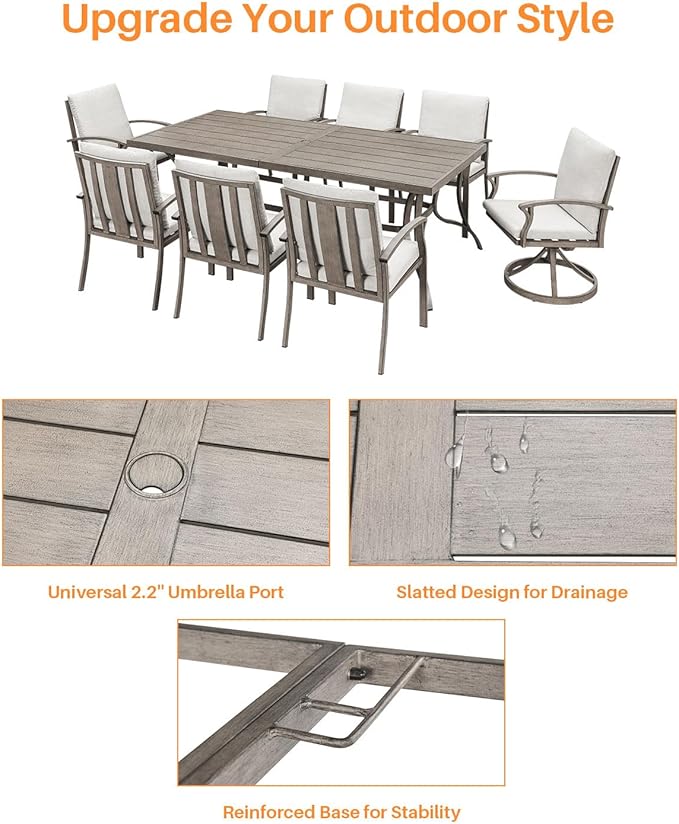 9-Piece Patio Dining Set, Aluminum Outdoor Dining Set for 8, Patio Furniture Sets with Umbrella Hole, 6 Dining Chairs, 2 Swivel Dining Chairs for Decks, Garden, Backyard, Lawn, Limed Oak