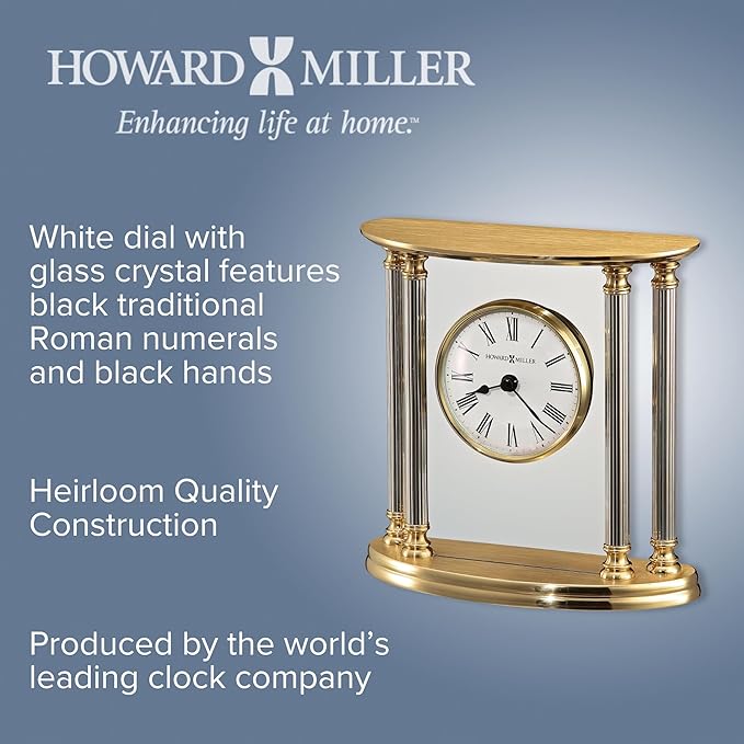 Howard Miller New Orleans Tabletop Clock – Elegant Brass Accent Clock with Palladium Plated Fluted Columns Quartz Movement Traditional Design for Office Mantel & Home Decor