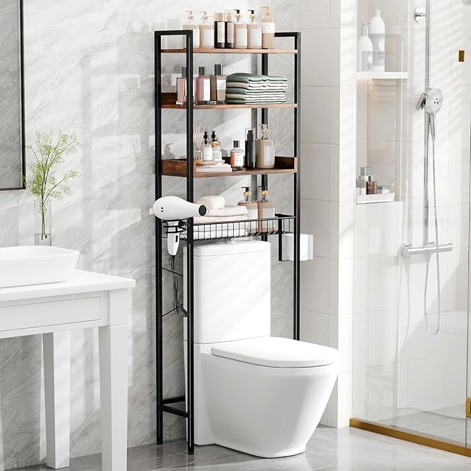 VINGLI Over-The-Toilet Storage Rack,4 Tier Bathroom Shelf Organizer Adjustable with Basket and Paper Holder,Freestanding Bathroom Space Saver Matal Stand with Feet Pad Above Toilet,Rustic Brown