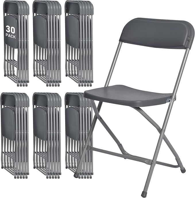 SEALAMB Plastic Folding Chairs 30 Pack, Gray Commercial Portable Indoor/Outdoor Chairs for Home Office, Wedding, Events Parties with Steel Frame, 350lbs Capacity (Gray-Plastic, 30 Pack)