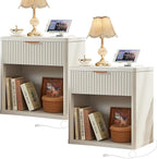 LEYAOYAO Fluted Farmhouse Nightstand Set of 2 with Charging Station, 23" Wide 1 Drawers End Table,White Dresser for Bedroom,Bed Side Table Chest of Drawers Cabinet,Wood Night Stand for Living Room