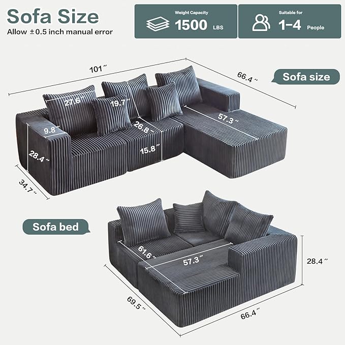 101" Boneless Sectional Couch,Compressed Memory Foam Couch in a Box, Modular Sectional Sofa with Oversized Chaise, Corduroy Boneless Sofa for Living Room, No Assembly Required (Grey)