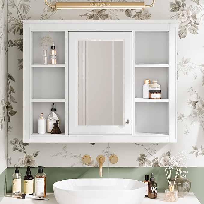 Bathroom Wall Cabinet with Mirror, 35'' x 27.5'' Medicine Cabinet with Mirror Door and Adjustable Shelves, Over Toilet Storage Cabinet, Wall-Mounted Bathroom Mirrors for Over Sink with Storage