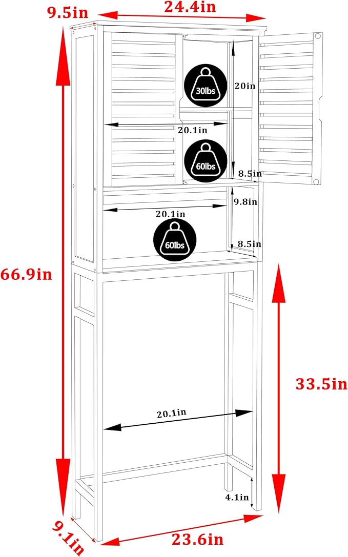 MUPATER 67" H Bathroom Over The Toilet Storage Cabinet with Doors and Shelves, Bamboo Over Toilet Organizer, Freestanding Tall Space Saver Toilet Rack, Natural Wood