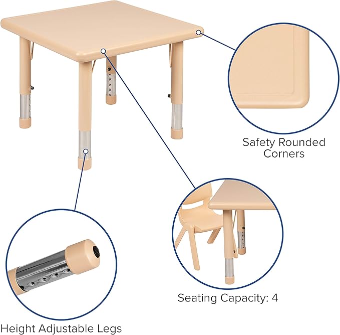 Flash Furniture Wren 24" Square Natural Plastic Height Adjustable Activity Table