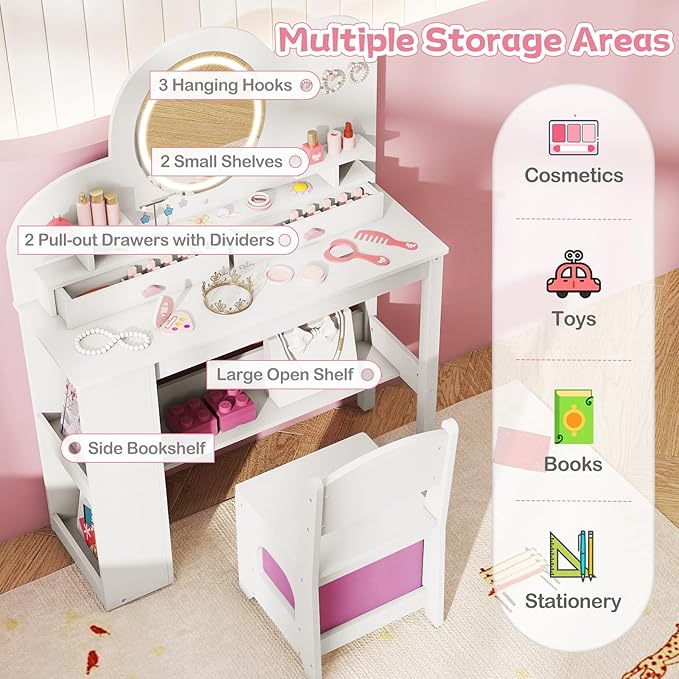 HONEY JOY Kids Vanity with Lights and Open Bookshelf, Cloud Princess Makeup Dressing Desk, Drawers, Wooden Pretend Play Toddler Vanity Table & Chair Set with Lighted Mirror for Little Girls (White)